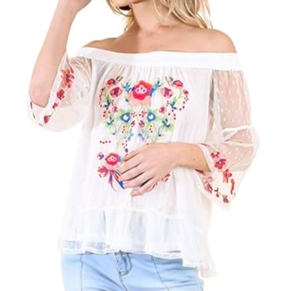 Umgee Floral Embroidery Off Shoulder Sheer Blouse M Dotted Fairy Whimsical Boho